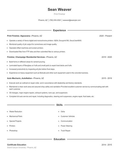 Print Finisher Resume