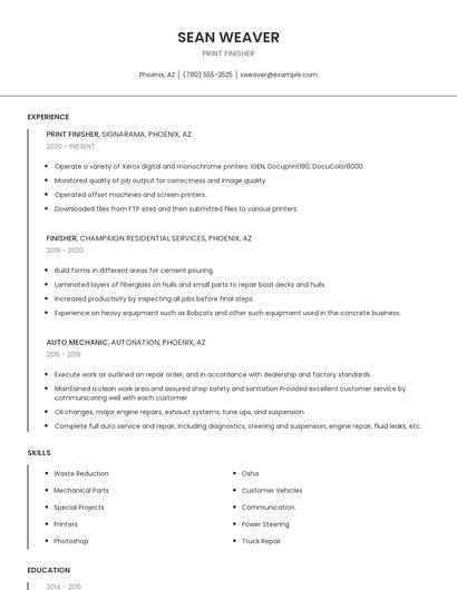 Print Finisher Resume