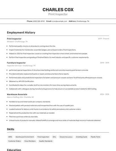 Print Inspector Resume