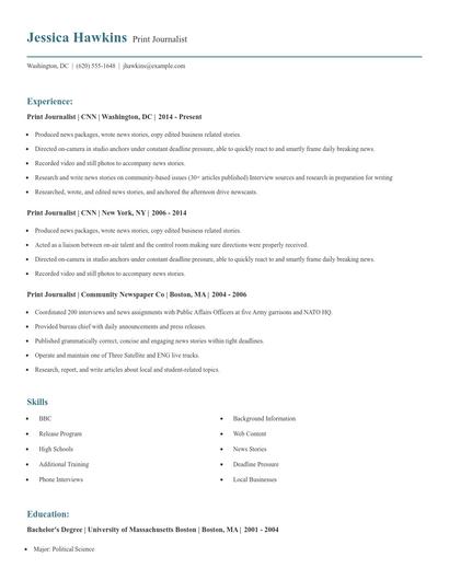 Print Journalist Resume