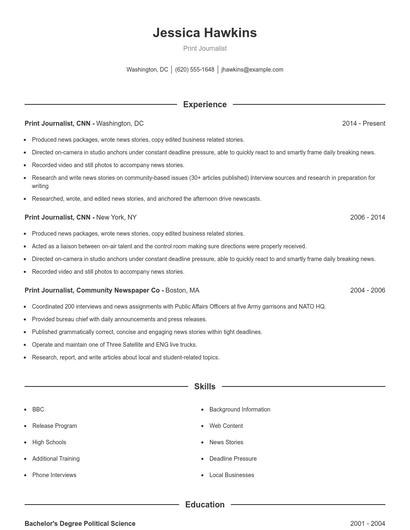 Print Journalist Resume