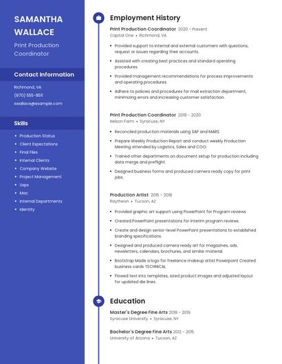 Print Production Coordinator Resume