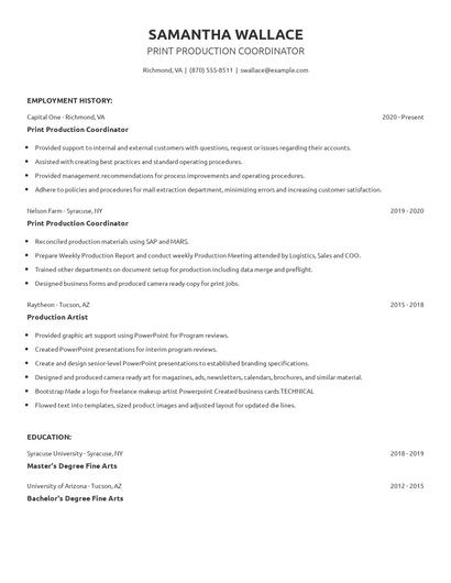 Print Production Coordinator Resume