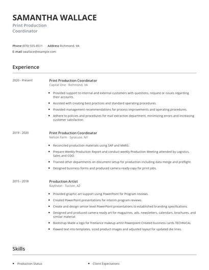 Print Production Coordinator Resume