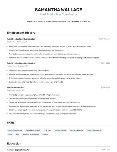 Print Production Coordinator Resume