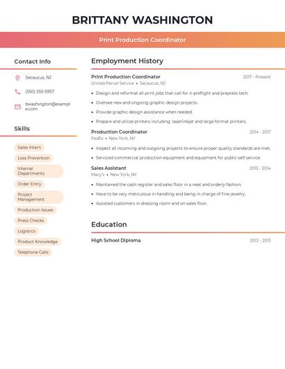 Print Production Coordinator Resume