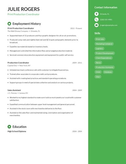 Print Production Coordinator Resume