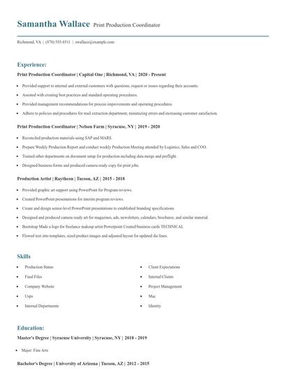 Print Production Coordinator Resume