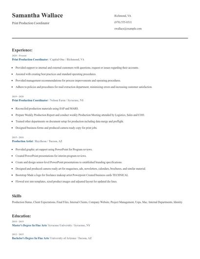 Print Production Coordinator Resume