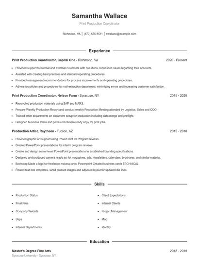 Print Production Coordinator Resume