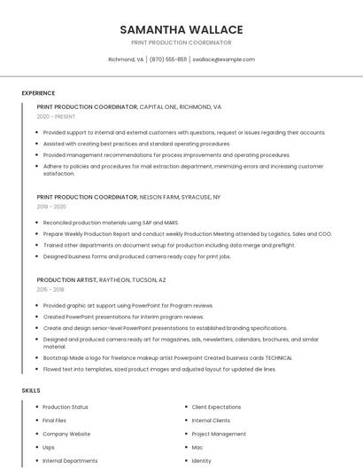Print Production Coordinator Resume