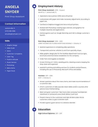 Print Shop Assistant Resume