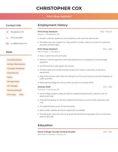 Print Shop Assistant Resume