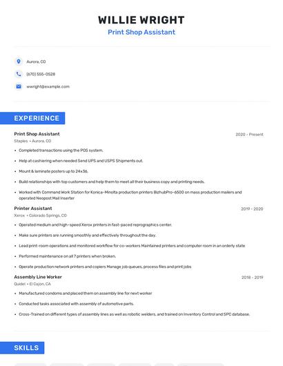 Print Shop Assistant Resume