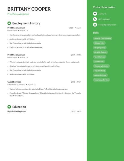 Print Shop Assistant Resume