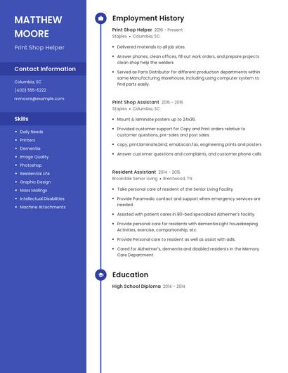 Print Shop Helper Resume