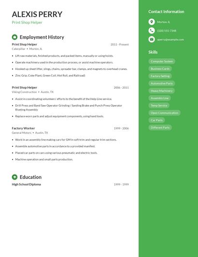 Print Shop Helper Resume