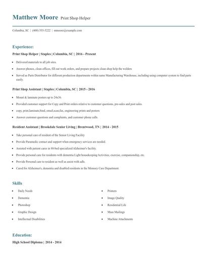 Print Shop Helper Resume