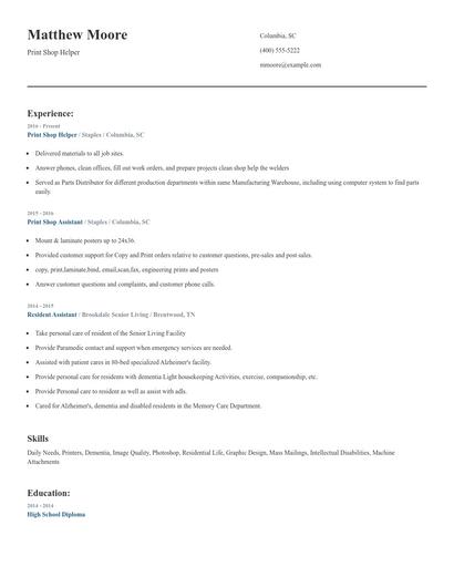 Print Shop Helper Resume