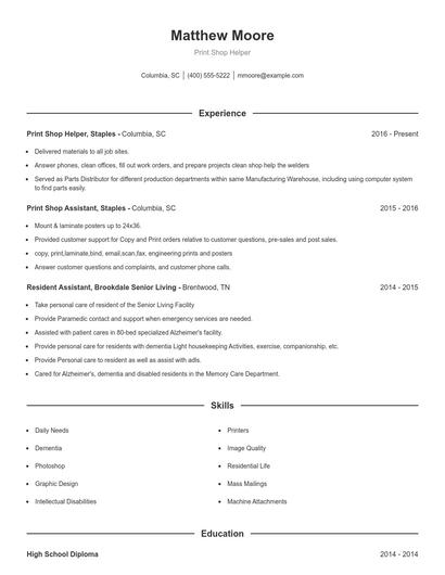 Print Shop Helper Resume