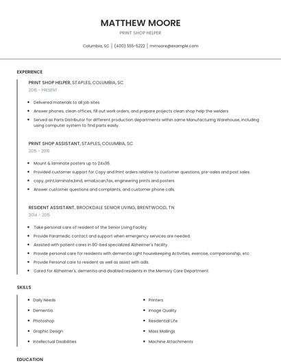 Print Shop Helper Resume