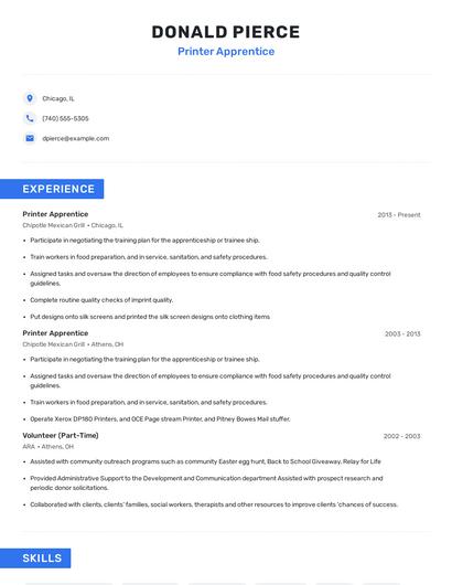 Printer Apprentice Resume