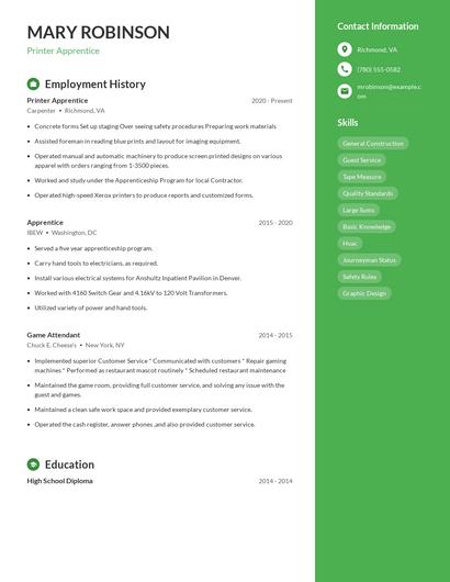 Printer Apprentice Resume