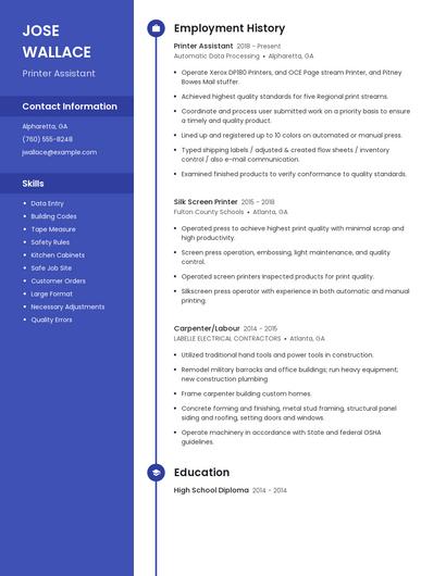 Printer Assistant Resume