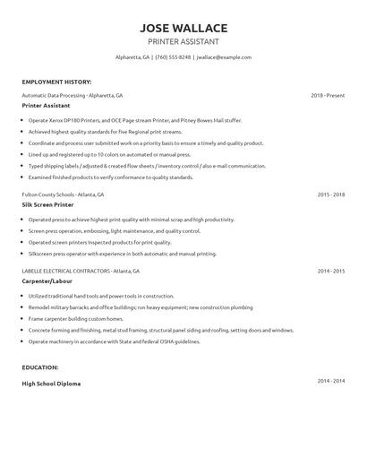 Printer Assistant Resume