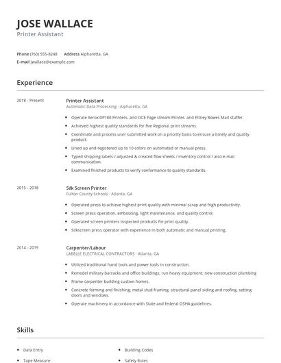 Printer Assistant Resume