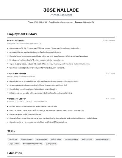 Printer Assistant Resume