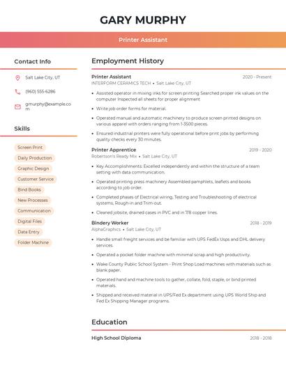 Printer Assistant Resume
