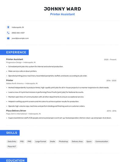 Printer Assistant Resume