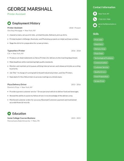 Printer Assistant Resume
