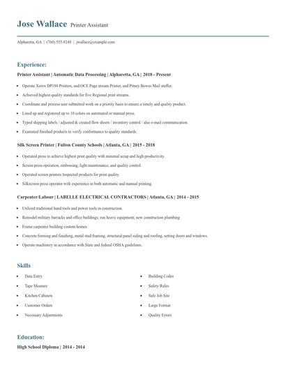 Printer Assistant Resume