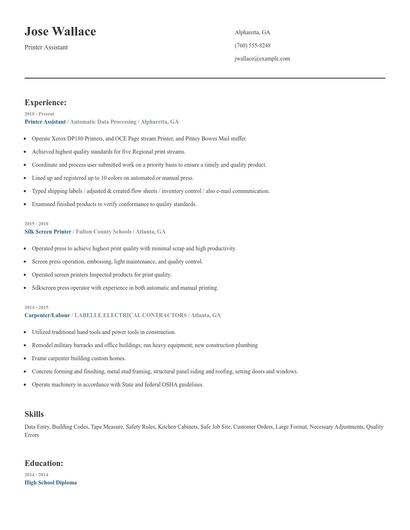 Printer Assistant Resume