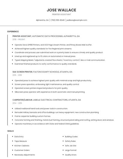 Printer Assistant Resume