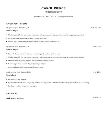 Printer Helper Resume