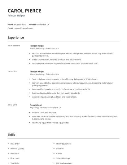 Printer Helper Resume