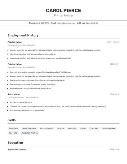 Printer Helper Resume