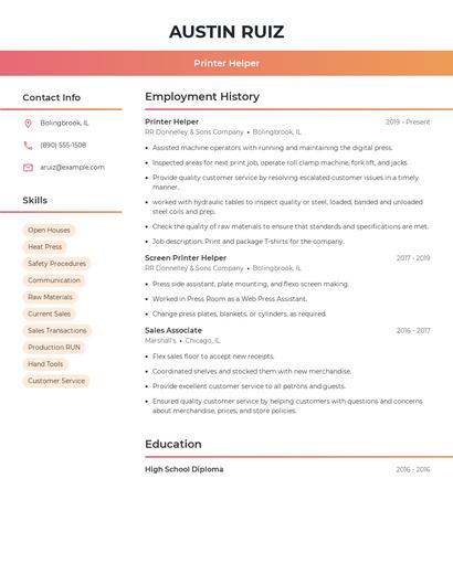 Printer Helper Resume