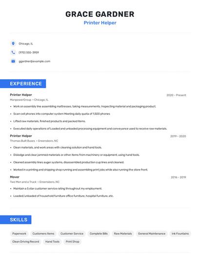 Printer Helper Resume