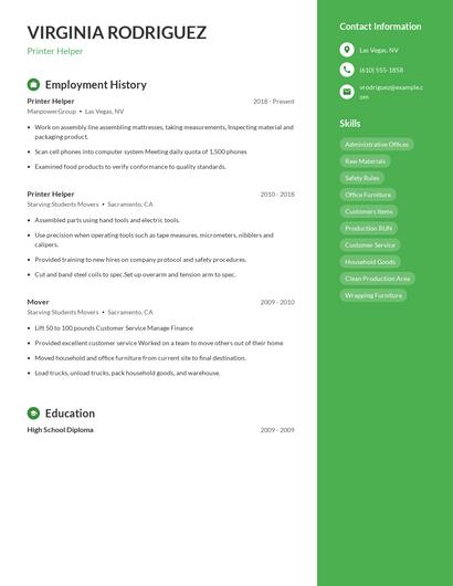 Printer Helper Resume