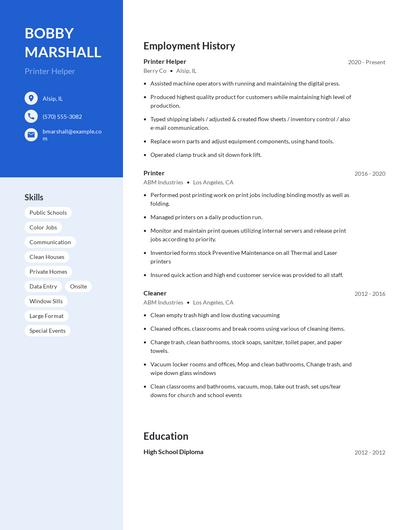 Printer Helper Resume