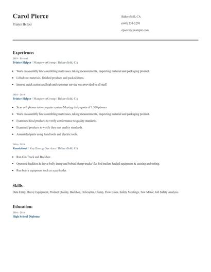 Printer Helper Resume