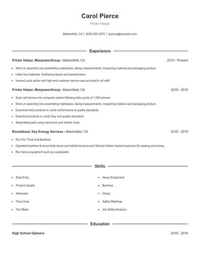 Printer Helper Resume