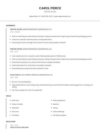 Printer Helper Resume