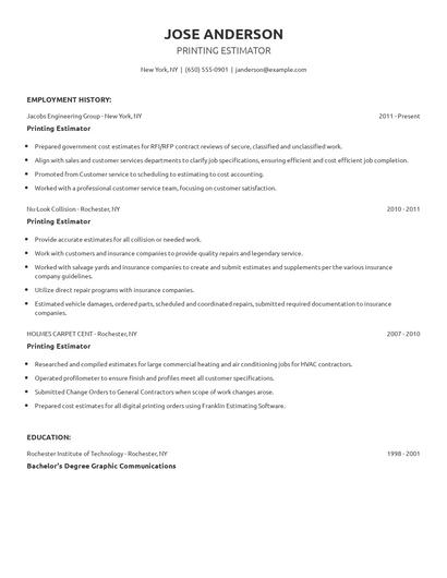 Printing Estimator Resume