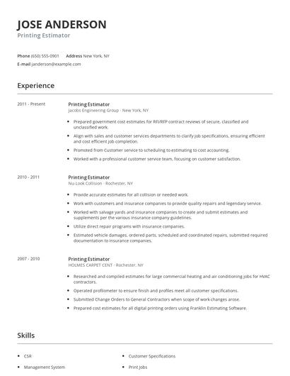 Printing Estimator Resume