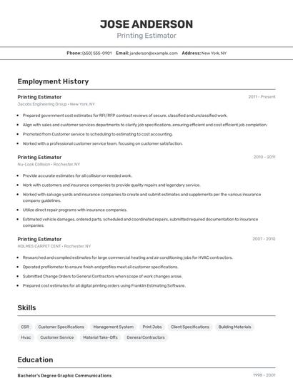 Printing Estimator Resume